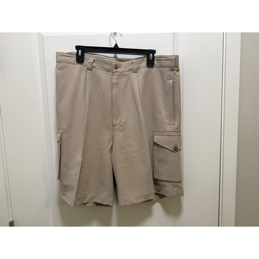 Paradise Coves Mens 38 Tan 100% Silk‎ Pleated Cargo Shorts Khaki Luxury Resort
